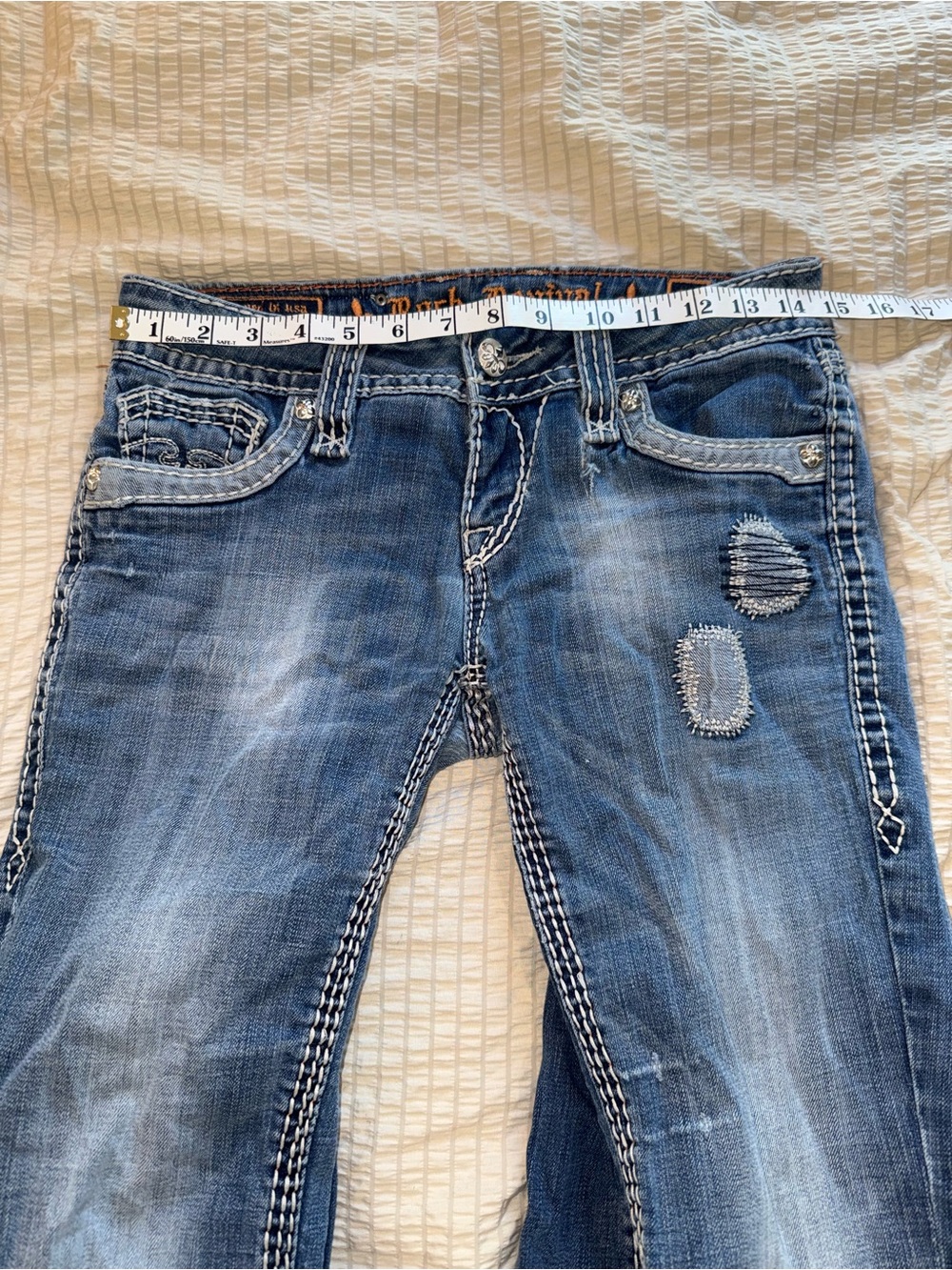 Vintage Rock Revival Low Rise Patched Distressed Alanis Boot Jeans 28 - Picture 11 of 12